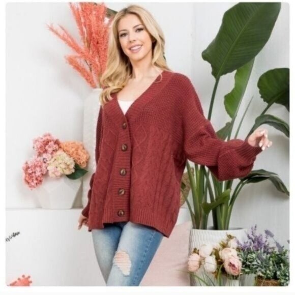 BUTTON UP CARDIGAN/SWEATER- BURGUNDY-NEW - Picture 3 of 4